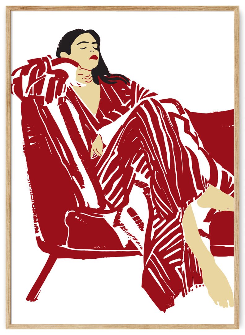 mergina raudonoje sofoje plakatas