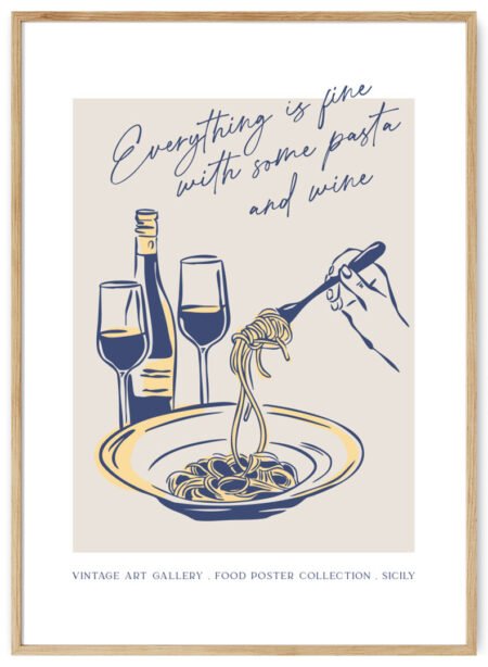 makaronai ir vynas plakatas